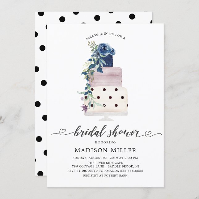 Modern Navy & Plum Floral Cake Bridal Shower Invitation (Front/Back)