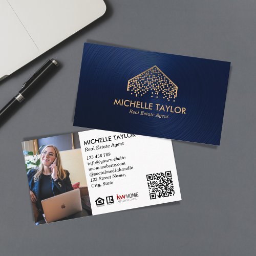 Modern Navy Professional Real Estate Photo QR Code Business Card