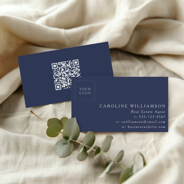 Modern Navy Real Estate Agent Branding QR Code Business Card (Creator Uploaded)