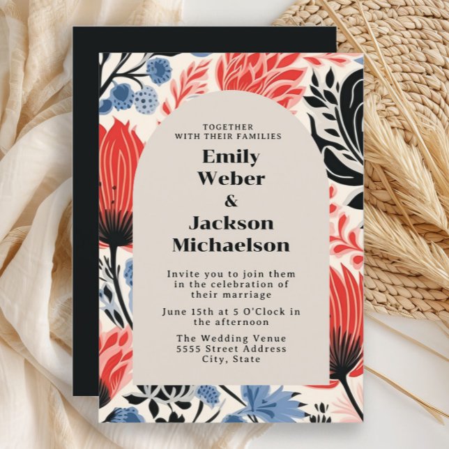 Modern Navy Red Cream Arch Wedding  Invitation (Red, black, and blue retro-style flowers wedding invitation)