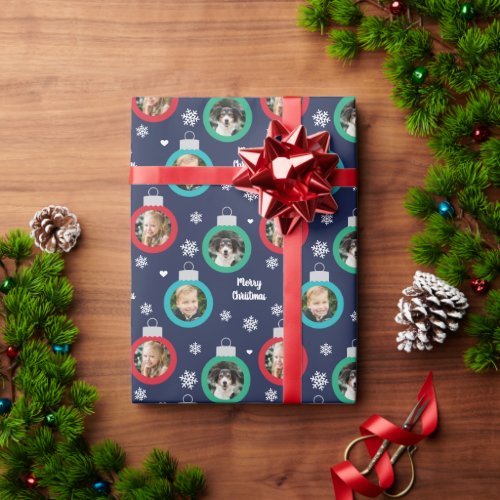 Modern Navy Red Green Photo Ornaments Christmas Wrapping Paper