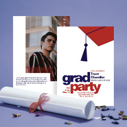 Modern Navy & Red Typography Grad Party Photo Invitation