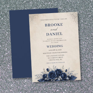 Modern Navy Rose Draped Botanical Wedding Invitation