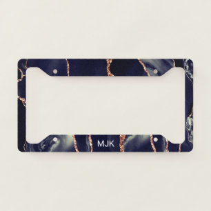 Modern Navy Rose Gold Agate Marble Monogram License Plate Frame