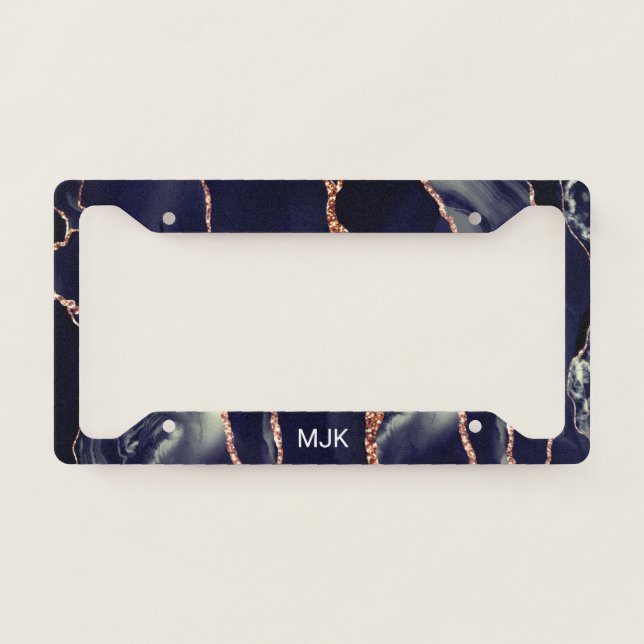 Modern Navy Rose Gold Agate Marble Monogram License Plate Frame (Front)