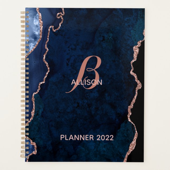Modern Navy Rose Gold Agate Monogram Planner (Front)