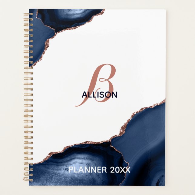 Modern Navy Rose Gold Agate Monogram Planner (Front)