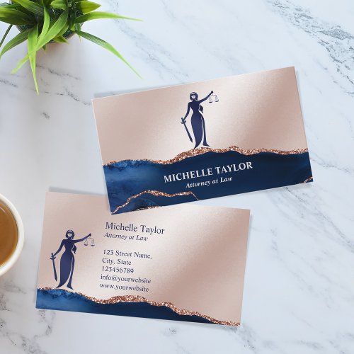 Modern Navy Rose Gold Attorney Lawyer Office Business Card