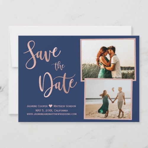 Modern Navy Rose Gold Elegant Typography Photo Save The Date