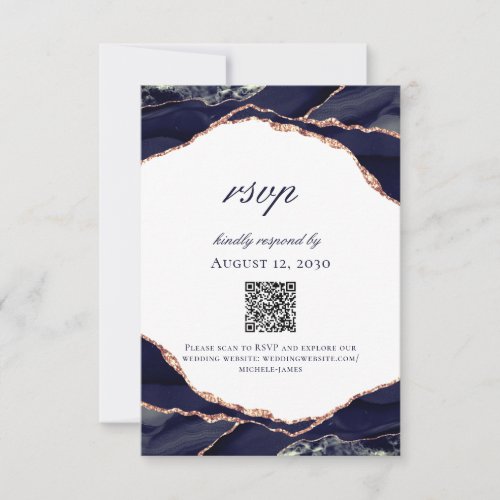 Modern Navy Rose Gold Foil Agate Wedding RSVP Card