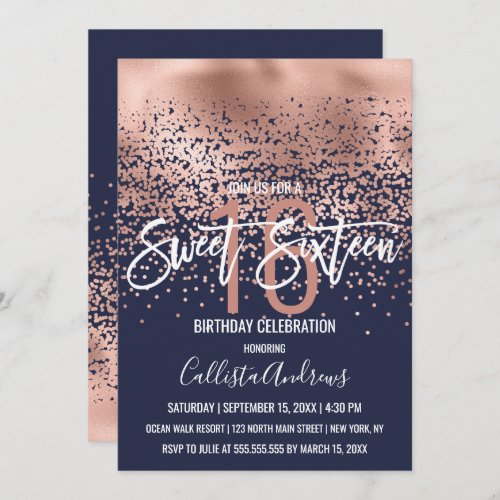 Modern Navy Rose Gold Foil Confetti Ombre Sweet 16 Invitation