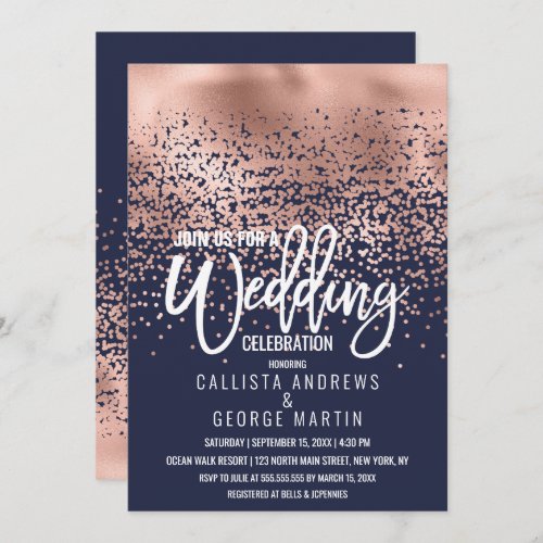 Modern Navy Rose Gold Foil Confetti Ombre Wedding Invitation