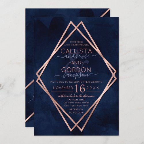 Modern Navy Rose Gold Geometric Border Wedding Invitation