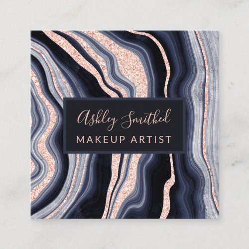 modern navy rose gold glitter agate makeup square square business card