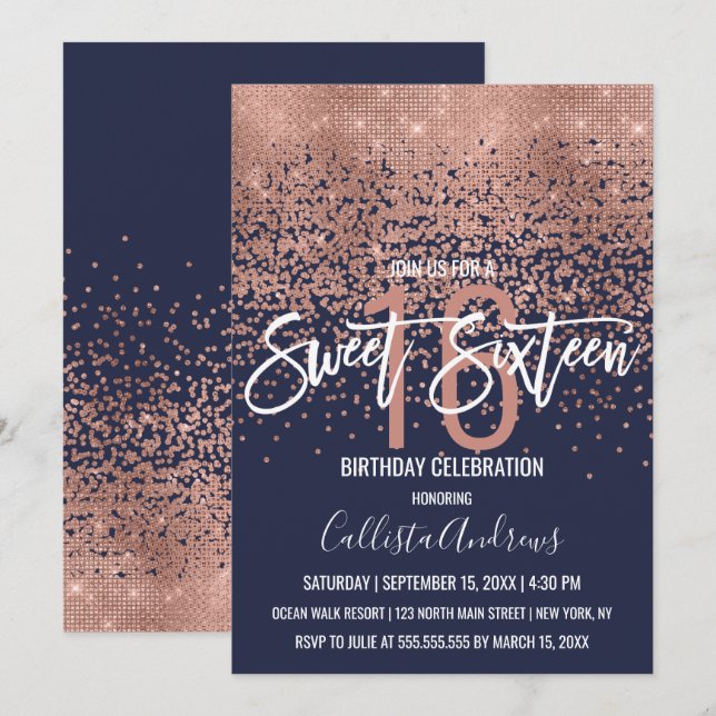 Modern Navy Rose Gold Glitter Confetti Sweet 16 Invitation (Front/Back)