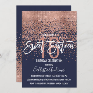 Modern Navy Rose Gold Glitter Confetti Sweet 16 Invitation