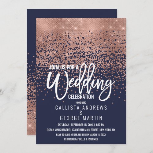 Modern Navy Rose Gold Glitter Confetti Wedding Invitation