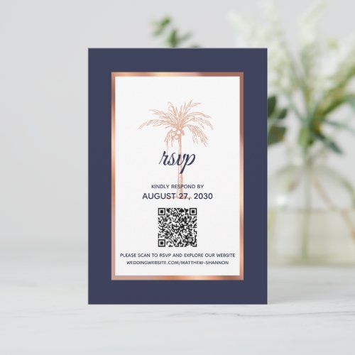 Modern Navy Rose Gold Palm Tree Modern Wedding RSVP Card