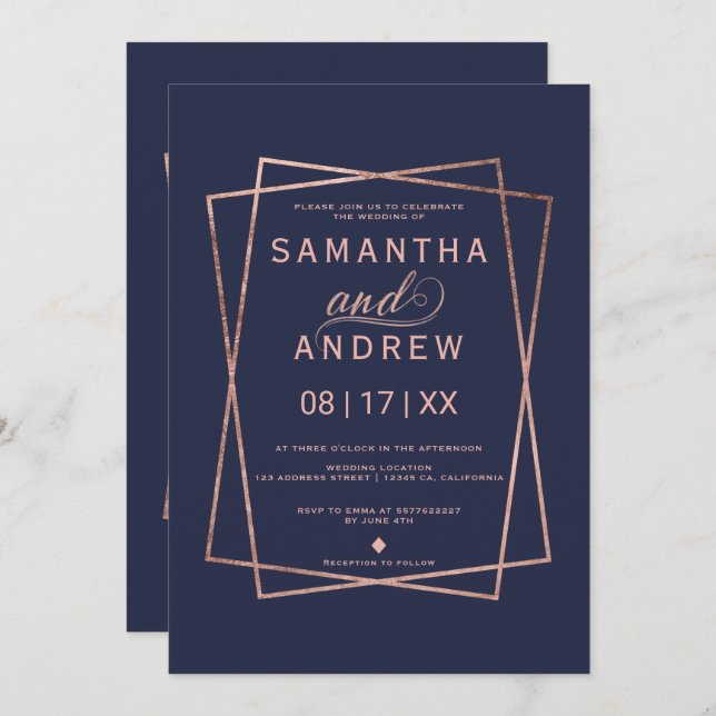 Modern navy  rose gold script geometric wedding invitation (Front/Back)