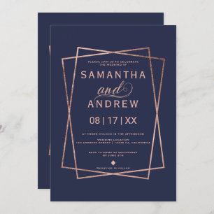 Modern navy rose gold script geometric wedding invitation