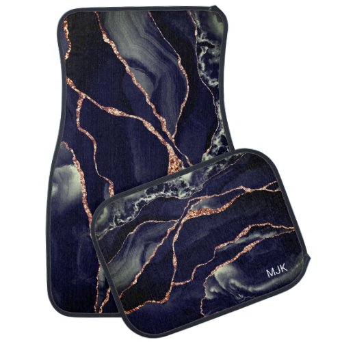 Modern Navy Rose Gold Veins Agate Marble Monogram Car Floor Mat