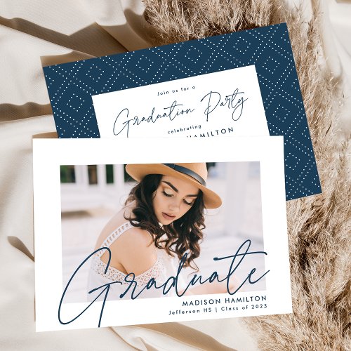 Modern Navy Script Photo Graduation Party Invitation