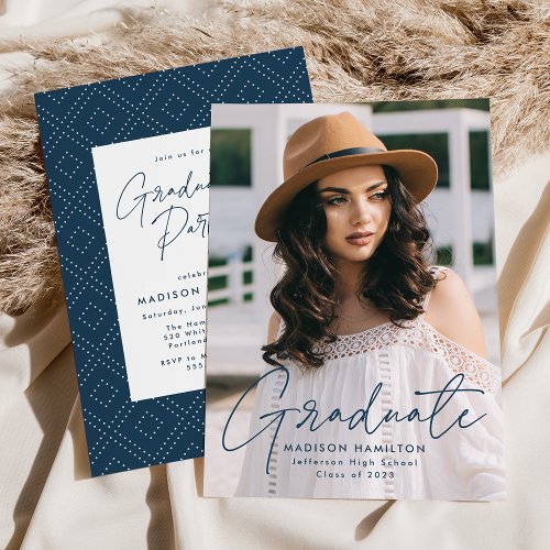 Modern Navy Script Photo Graduation Party Invitation