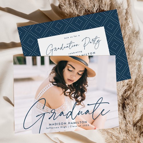 Modern Navy Script Photo Graduation Party Invitation