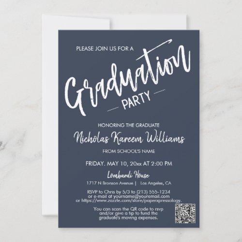 Modern Navy Script QR Code Photo Graduation Party Invitation