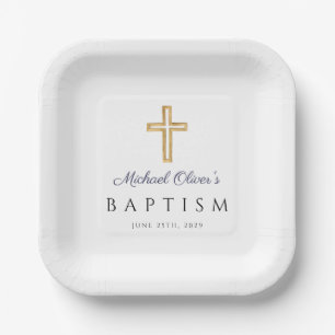 Modern Navy Script Religious Cross Boy Baptism Paper Plates