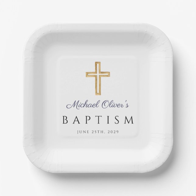 Modern Navy Script Religious Cross Boy Baptism Paper Plates (Front)