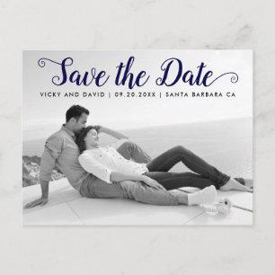 Modern navy script wedding Save the Date photo Postcard