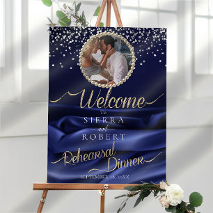 Modern Navy Silk Rehearsal Dinner Welcome Sign