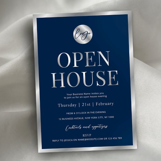 Modern Navy & Silver Business Logo Open House Invitation (Professional navy blue and faux silver business logo open house invitation design)