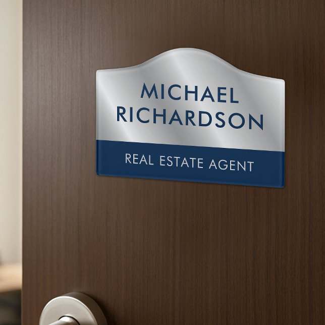 Modern Navy & Silver Company Office Nameplate Door Sign (Corporate navy blue and silver effect employee name and title office door sign)