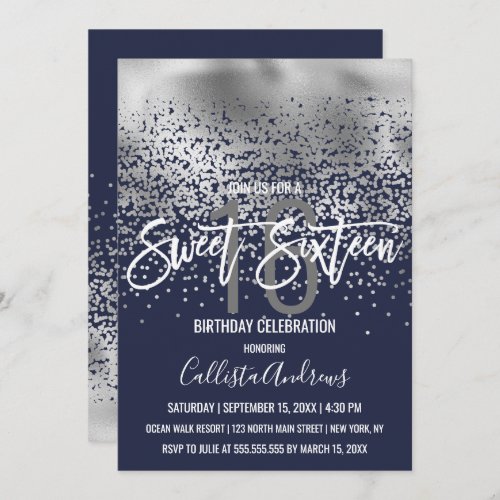 Modern Navy Silver Foil Confetti Ombre Sweet 16 Invitation