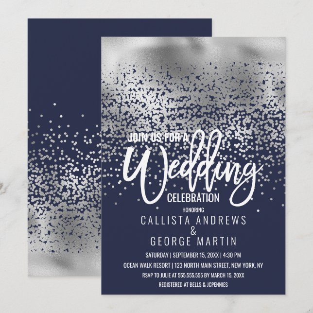 Modern Navy Silver Foil Confetti Ombre Wedding Invitation (Front/Back)