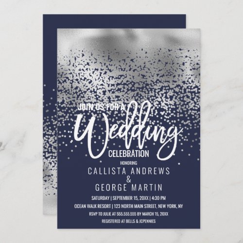 Modern Navy Silver Foil Confetti Ombre Wedding Invitation