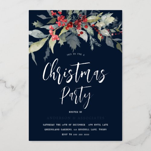 Modern Navy  Silver Holiday Christmas Party Foil Invitation