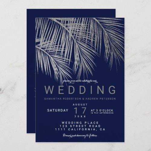 Modern navy silver palm tree elegant wedding invitation