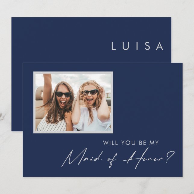 Modern Navy Silver Photo Maid of Honor proposal Invitation (Front/Back)
