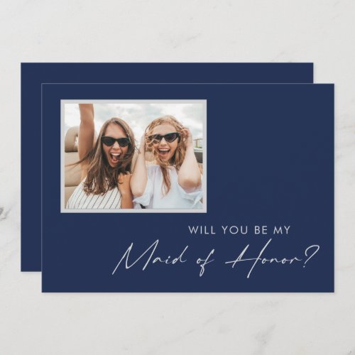Modern Navy Silver Photo Maid of Honor proposal Invitation