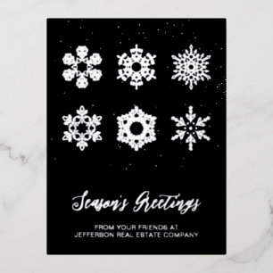 Modern Navy Silver Snowflakes Business     Foil Holiday Postcard