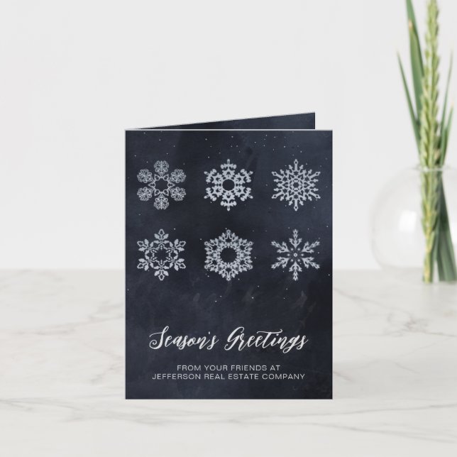 Modern Navy Silver Snowflakes Business    Holiday Card (Front)