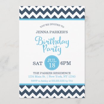 Modern Navy Sky Blue Chevron Birthday Party Invitation by cardeddesigns at Zazzle