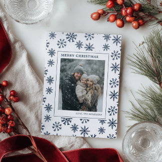 Modern Navy Snowflake Frame Christmas Photo Letterpress Photo Cards