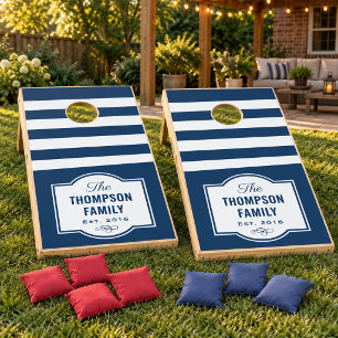 Modern Navy Stripe Family Monogram Custom Cornhole Set