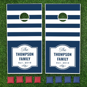 Modern Navy Stripe Family Monogram Custom Cornhole Set