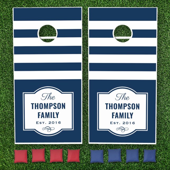 Modern Navy Stripe Family Monogram Custom Cornhole Set (Creator Uploaded)