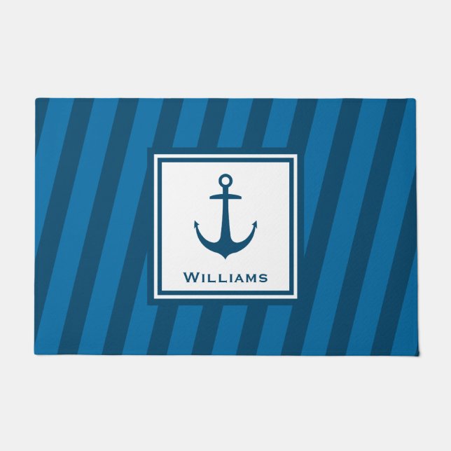 Modern Navy Striped Nautical Last Name Anchor Doormat (Front)